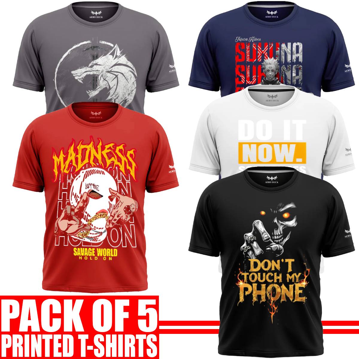 Pack of 5 Aero Deck {Cotton Jersey} {Black, Grey, Red, Blue & White Color} {Graphic} T-Shirt - {Code: AD - 121} AERODECK APPARELS