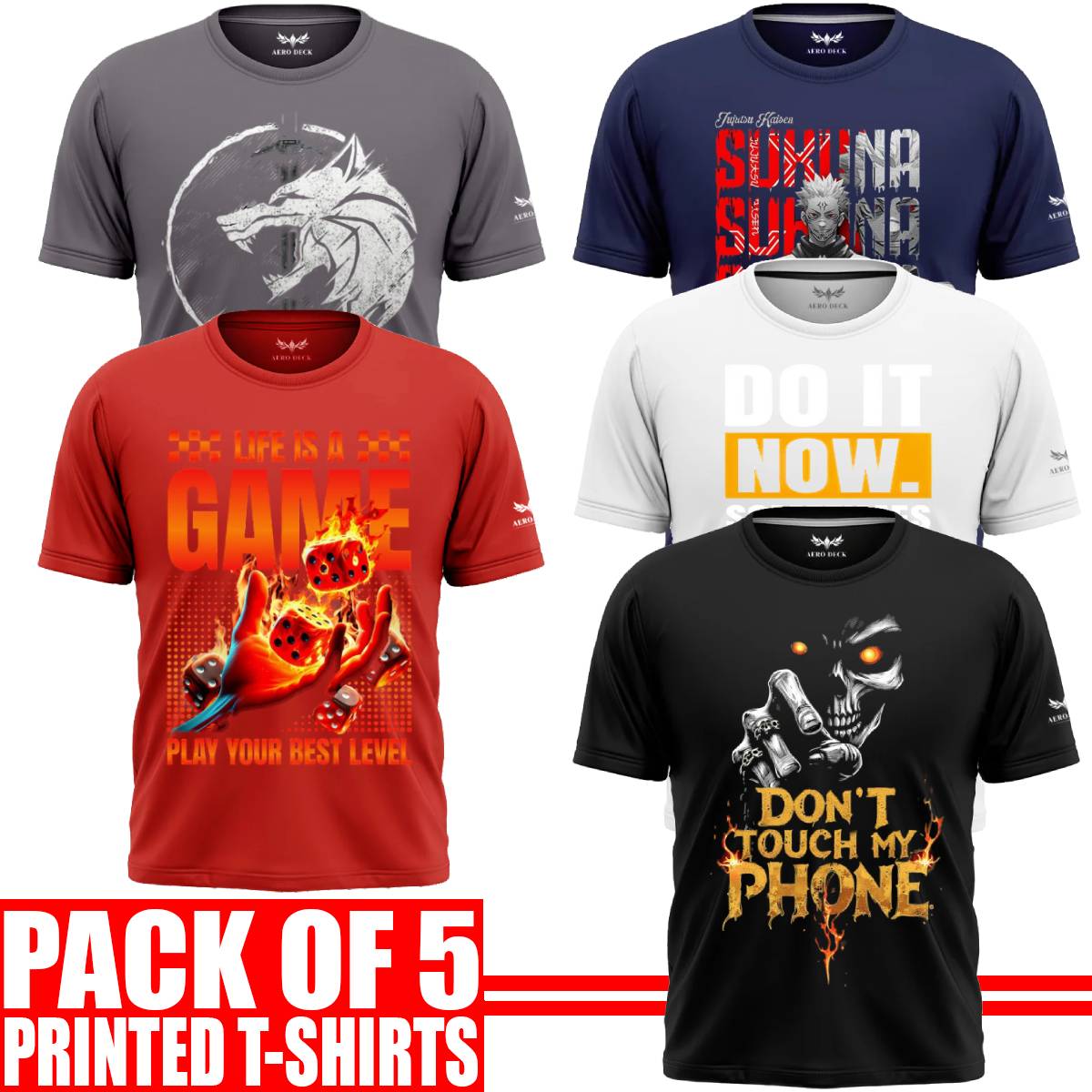 Pack of 5 Aero Deck {Cotton Jersey} {Black, Grey, Red, Blue & White Color} {Graphic} T-Shirt - {Code: AD - 122} AERODECK APPARELS