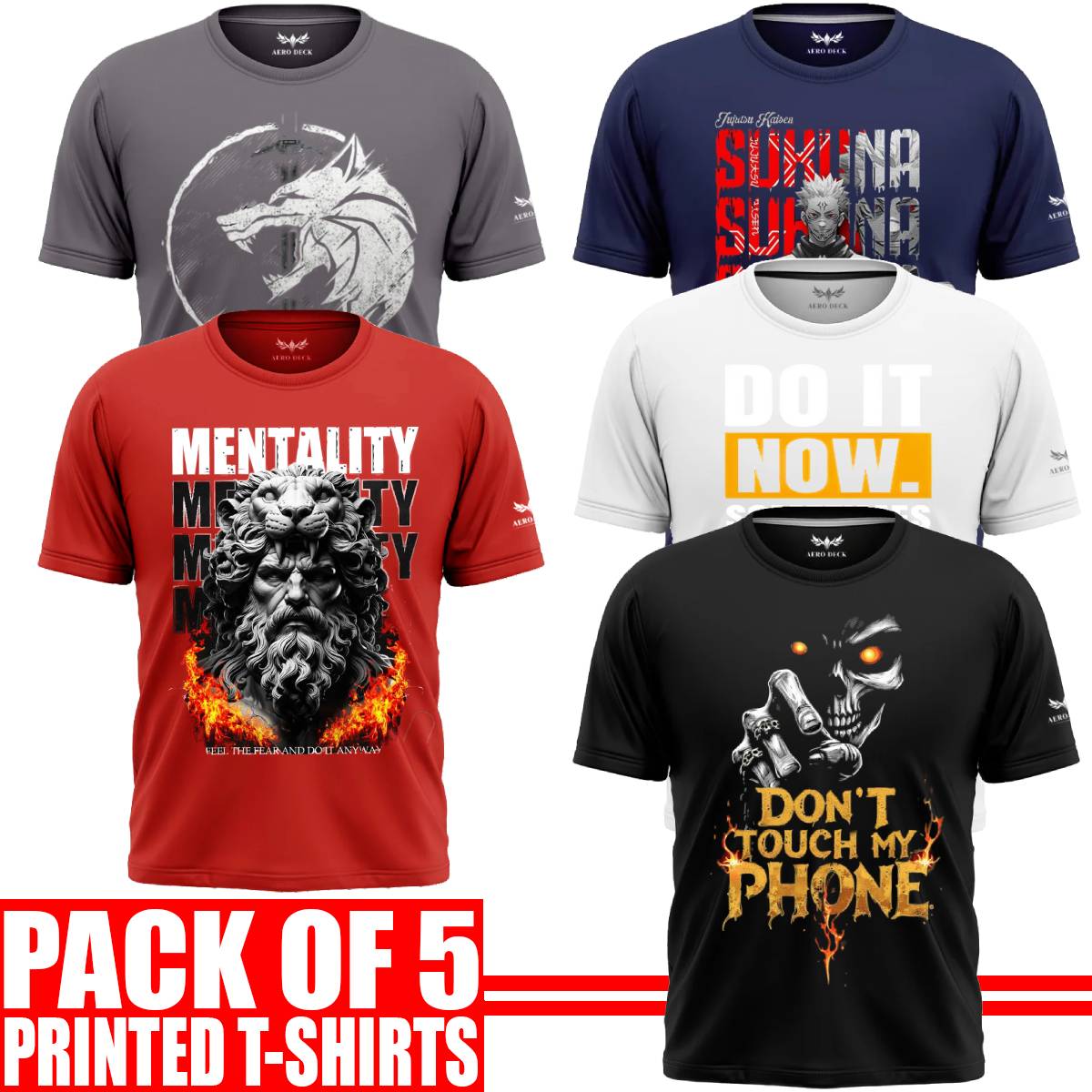 Pack of 5 Aero Deck {Cotton Jersey} {Black, Grey, Red, Blue & White Color} {Graphic} T-Shirt - {Code: AD - 124} AERODECK APPARELS