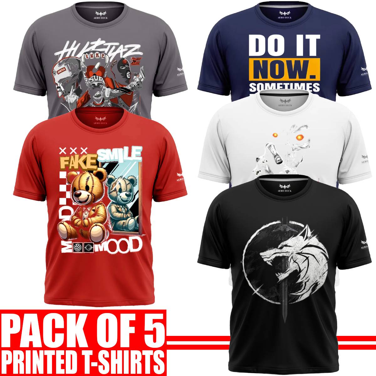 Pack of 5 Aero Deck {Cotton Jersey} {Black, Grey, Red, Blue & White Color} {Graphic} T-Shirt - {Code: AD - 125} AERODECK APPARELS