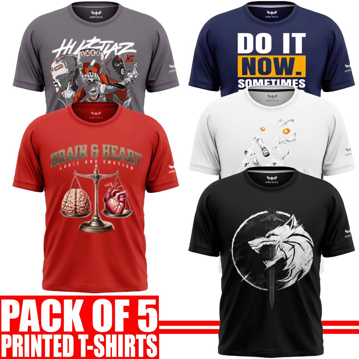 Pack of 5 Aero Deck {Cotton Jersey} {Black, Grey, Red, Blue & White Color} {Graphic} T-Shirt - {Code: AD - 126} AERODECK APPARELS