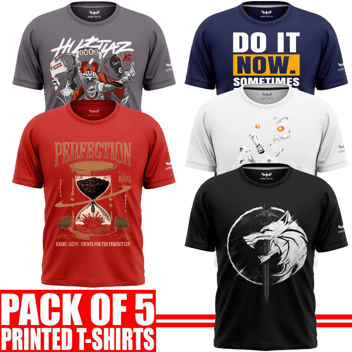 Pack of 5 Aero Deck {Cotton Jersey} {Black, Grey, Red, Blue & White Color} {Graphic} T-Shirt - {Code: AD - 127} AERODECK APPARELS