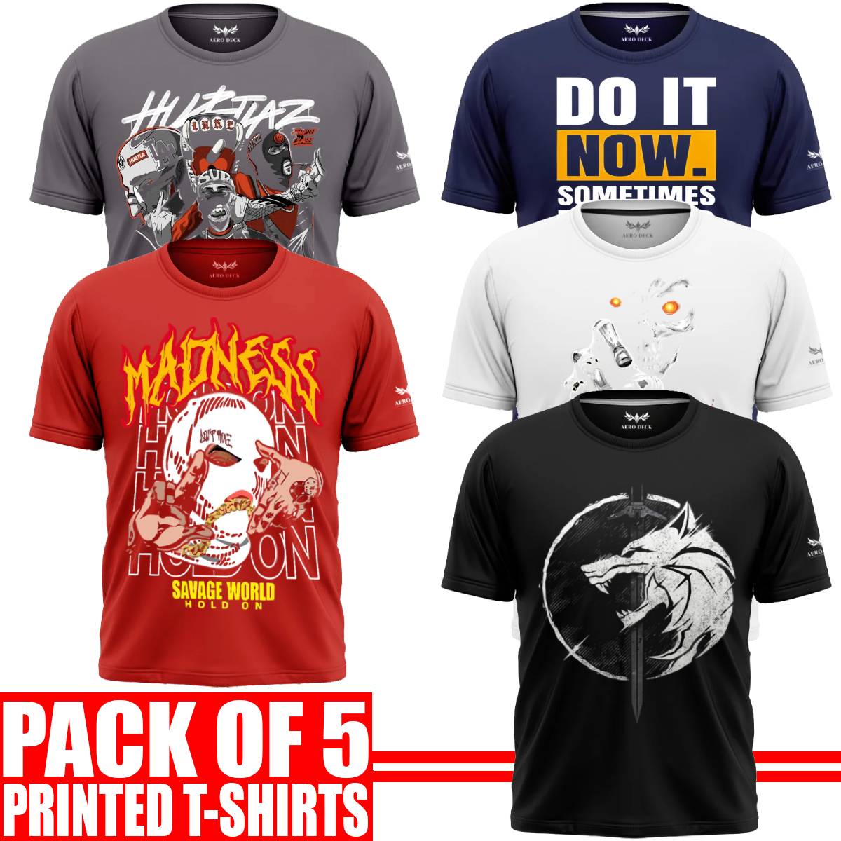 Pack of 5 Aero Deck {Cotton Jersey} {Black, Grey, Red, Blue & White Color} {Graphic} T-Shirt - {Code: AD - 129} AERODECK APPARELS