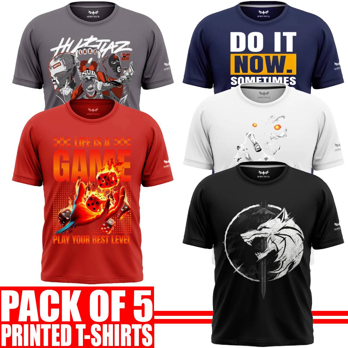 Pack of 5 Aero Deck {Cotton Jersey} {Black, Grey, Red, Blue & White Color} {Graphic} T-Shirt - {Code: AD - 129} AERODECK APPARELS