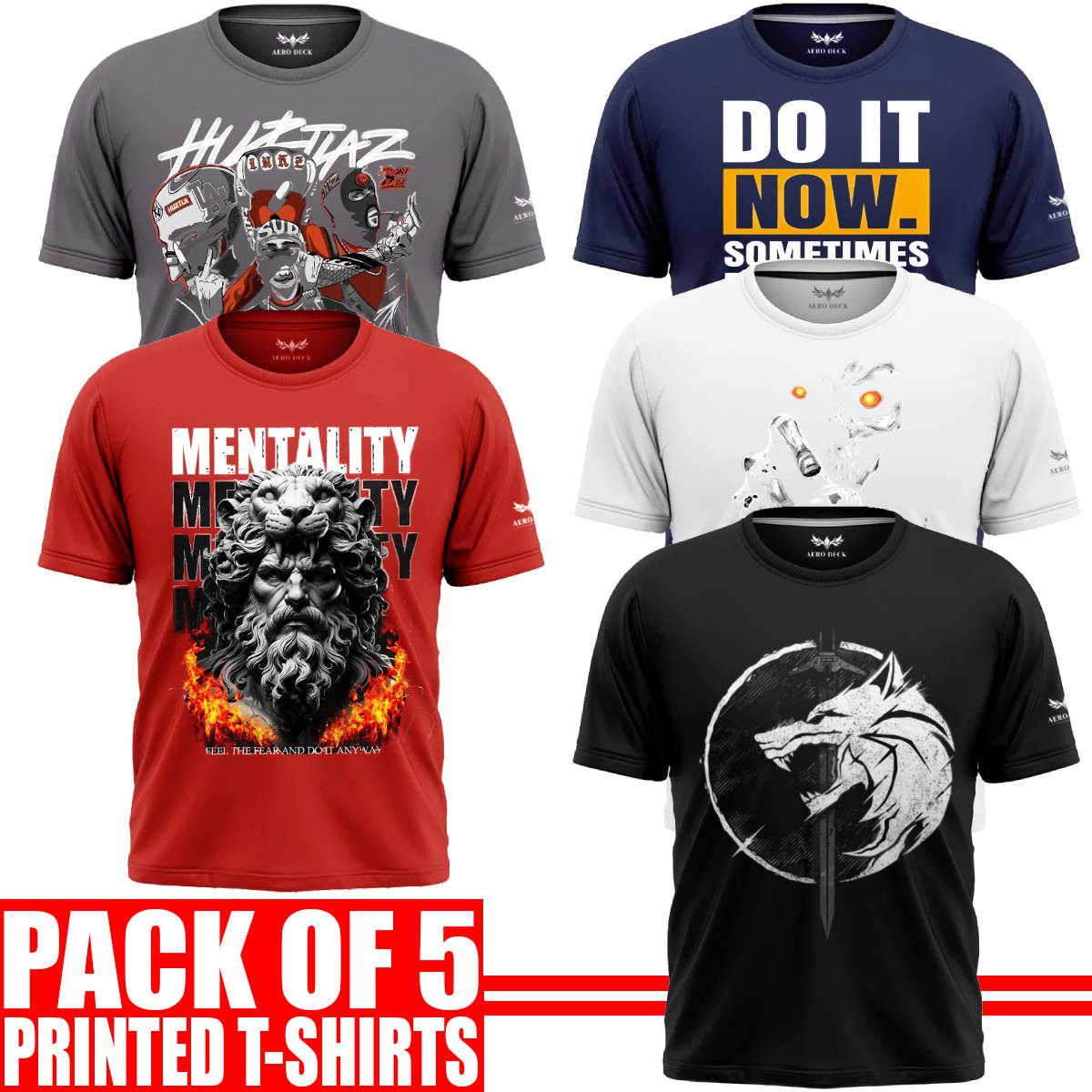 Pack of 5 Aero Deck {Cotton Jersey} {Black, Grey, Red, Blue & White Color} {Graphic} T-Shirt - {Code: AD - 129} AERODECK APPARELS