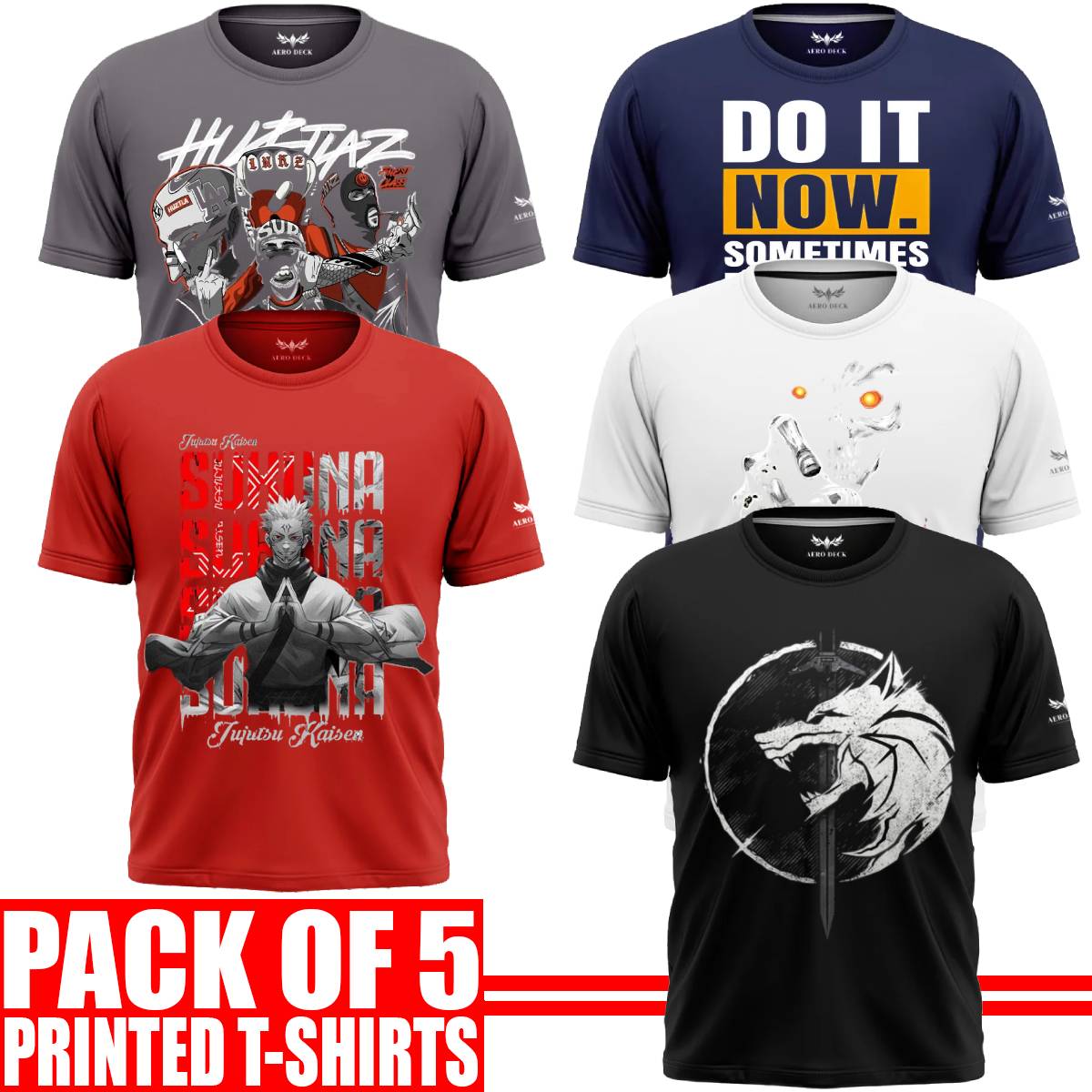 Pack of 5 Aero Deck {Cotton Jersey} {Black, Grey, Red, Blue & White Color} {Graphic} T-Shirt - {Code: AD - 132} AERODECK APPARELS