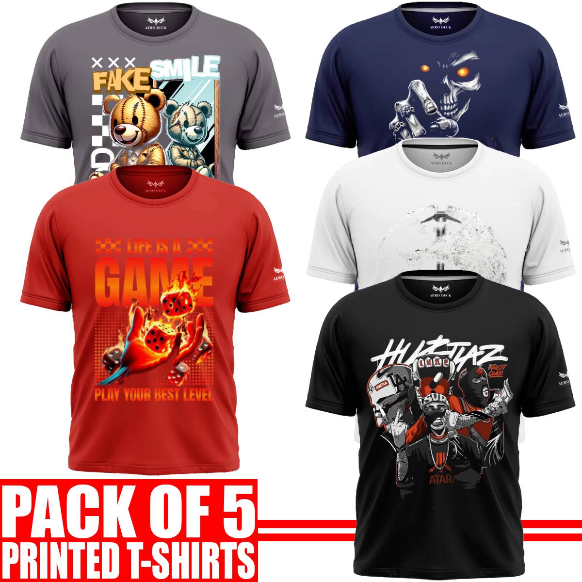Pack of 5 Aero Deck {Cotton Jersey} {Black, Grey, Red, Blue & White Color} {Graphic} T-Shirt - {Code: AD - 136} AERODECK APPARELS