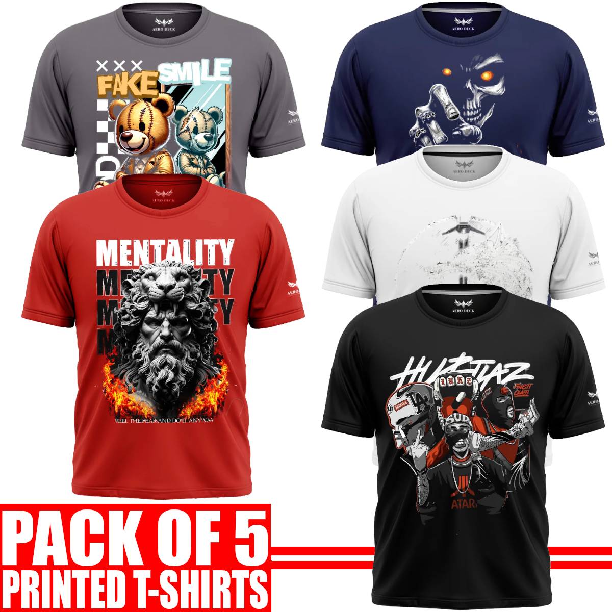 Pack of 5 Aero Deck {Cotton Jersey} {Black, Grey, Red, Blue & White Color} {Graphic} T-Shirt - {Code: AD - 138} AERODECK APPARELS