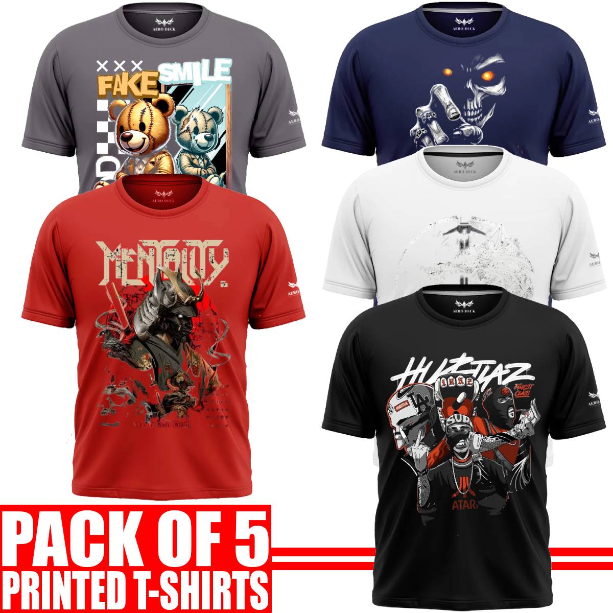 Pack of 5 Aero Deck {Cotton Jersey} {Black, Grey, Red, Blue & White Color} {Graphic} T-Shirt - {Code: AD - 138} AERODECK APPARELS