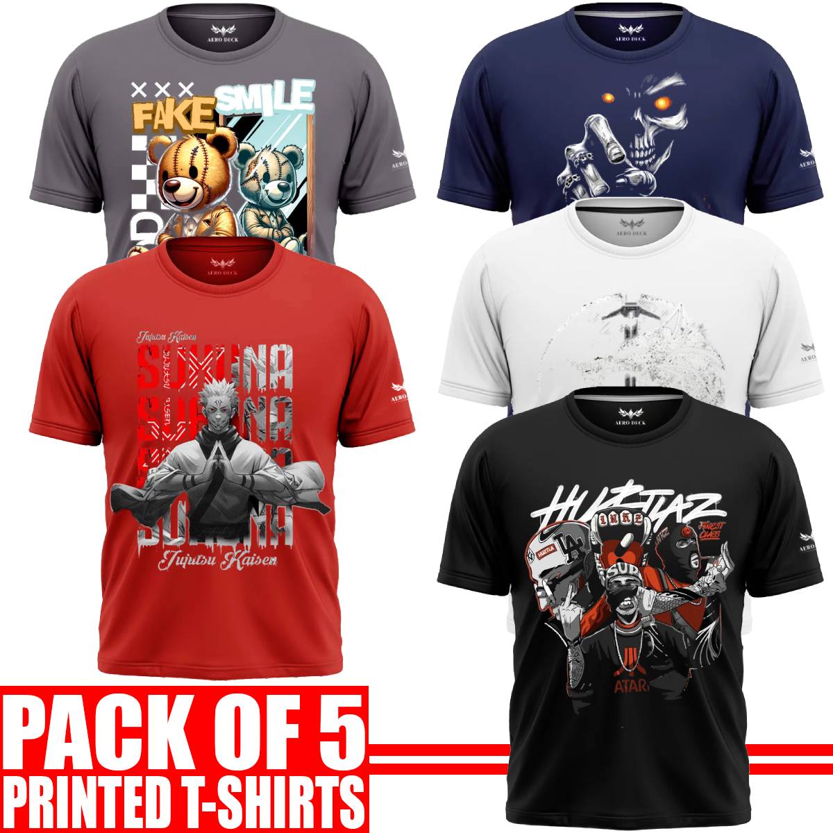 Pack of 5 Aero Deck {Cotton Jersey} {Black, Grey, Red, Blue & White Color} {Graphic} T-Shirt - {Code: AD - 140} AERODECK APPARELS