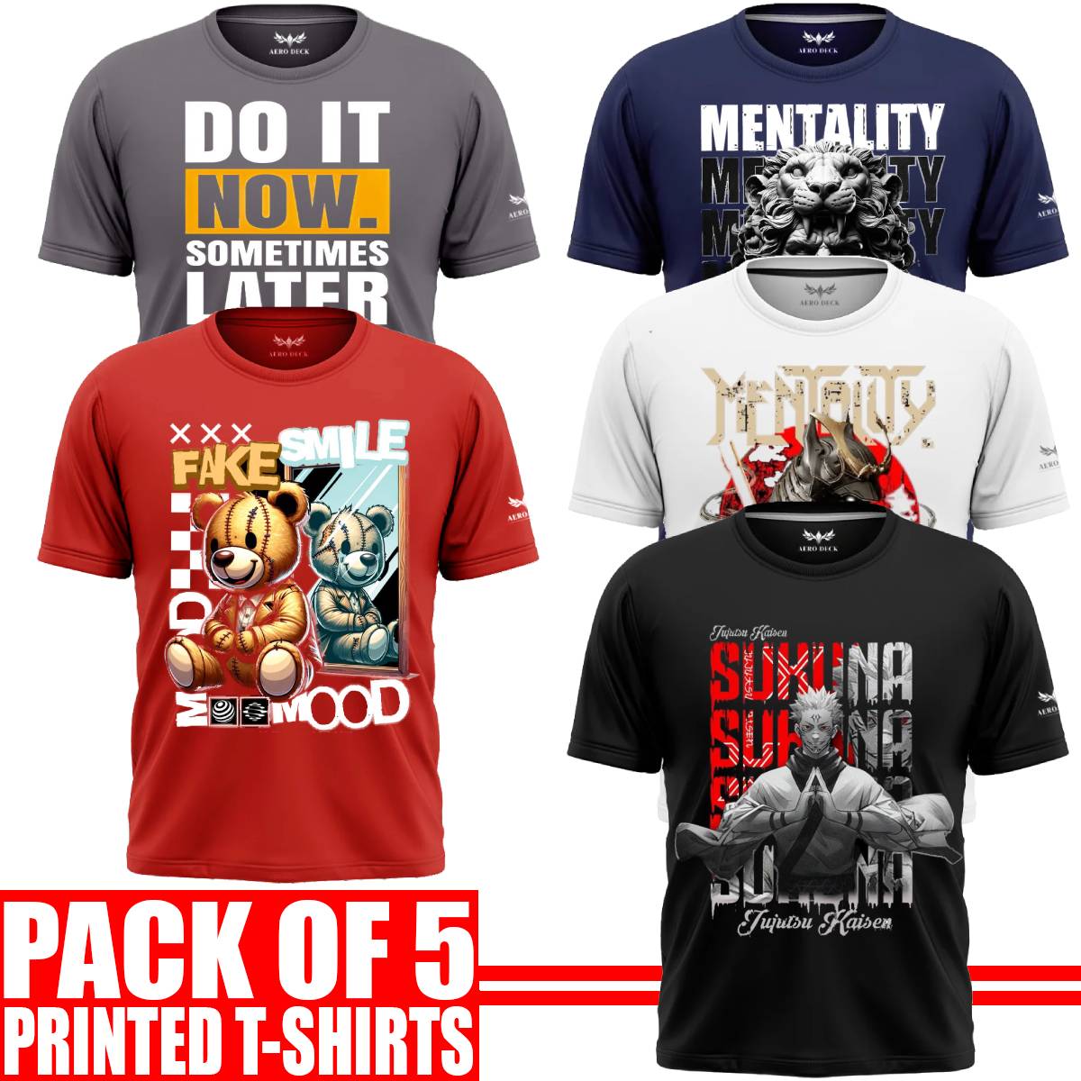 Pack of 5 Aero Deck {Cotton Jersey} {Black, Grey, Red, Blue & White Color} {Graphic} T-Shirt - {Code: AD - 104} (Copy) AERODECK APPARELS