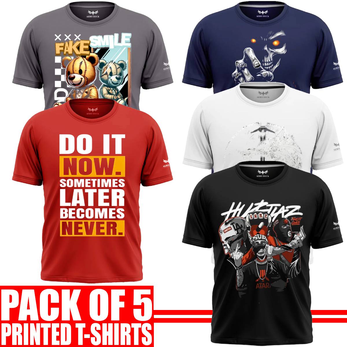 Pack of 5 Aero Deck {Cotton Jersey} {Black, Grey, Red, Blue & White Color} {Graphic} T-Shirt - {Code: AD - 140} AERODECK APPARELS