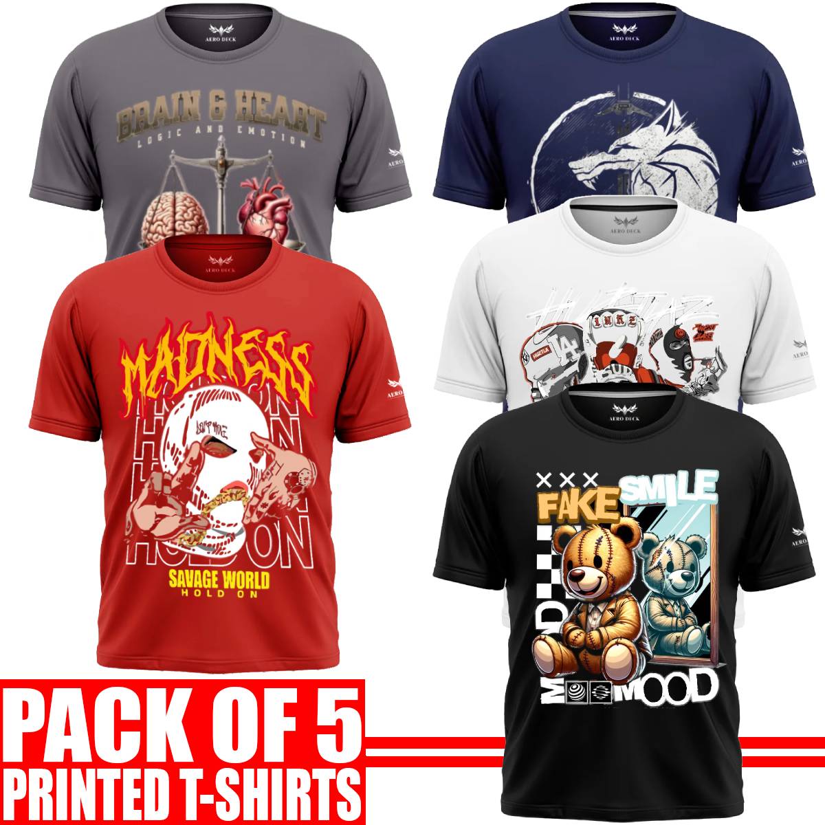 Pack of 5 Aero Deck {Cotton Jersey} {Black, Grey, Red, Blue & White Color} {Graphic} T-Shirt - {Code: AD - 142} AERODECK APPARELS