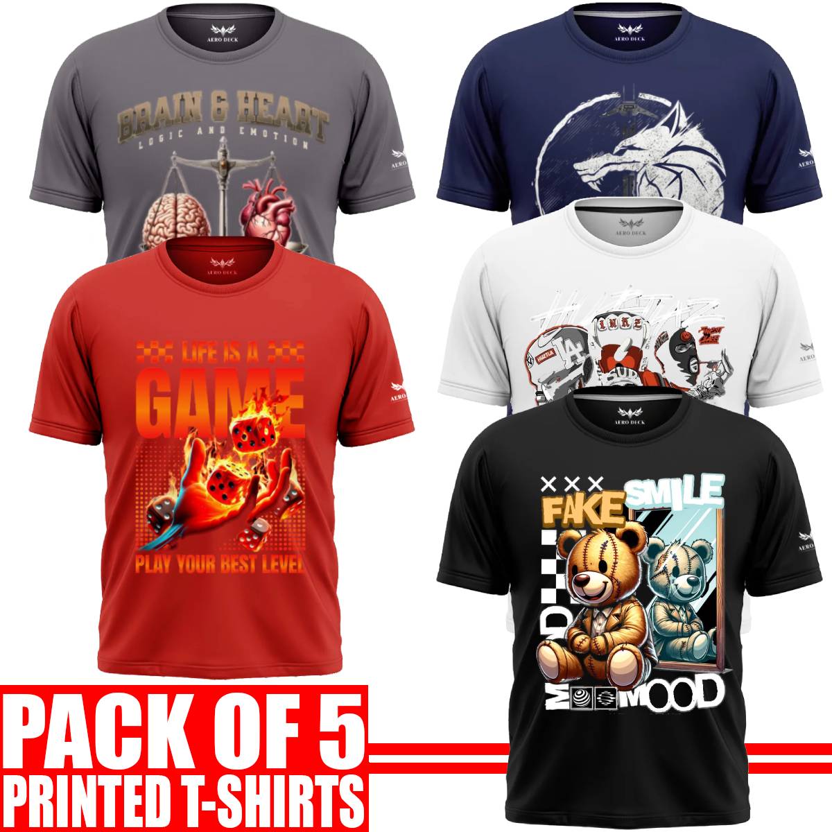 Pack of 5 Aero Deck {Cotton Jersey} {Black, Grey, Red, Blue & White Color} {Graphic} T-Shirt - {Code: AD - 143} AERODECK APPARELS
