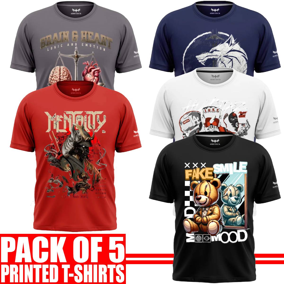 Pack of 5 Aero Deck {Cotton Jersey} {Black, Grey, Red, Blue & White Color} {Graphic} T-Shirt - {Code: AD - 146} AERODECK APPARELS