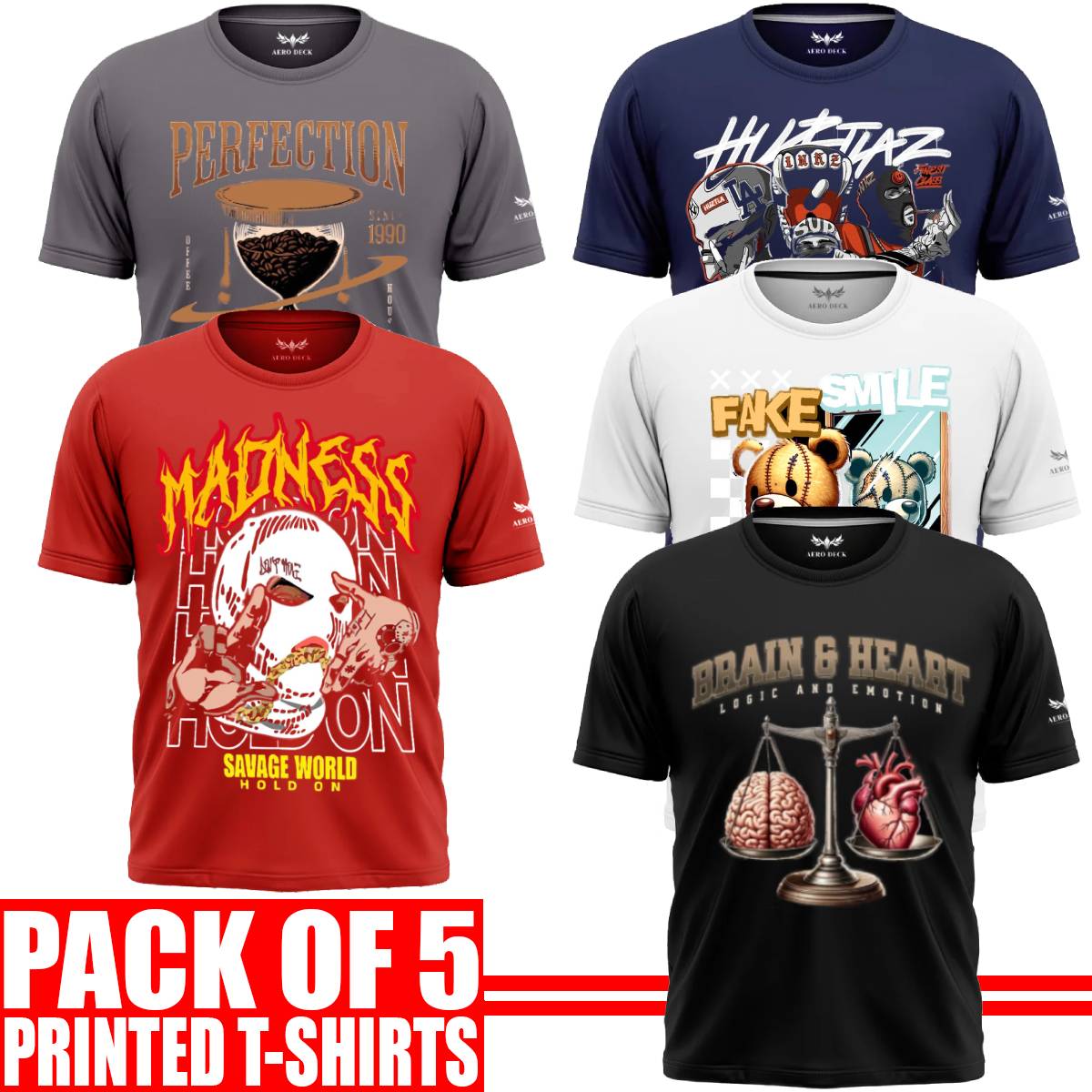 Pack of 5 Aero Deck {Cotton Jersey} {Black, Grey, Red, Blue & White Color} {Graphic} T-Shirt - {Code: AD - 149} AERODECK APPARELS