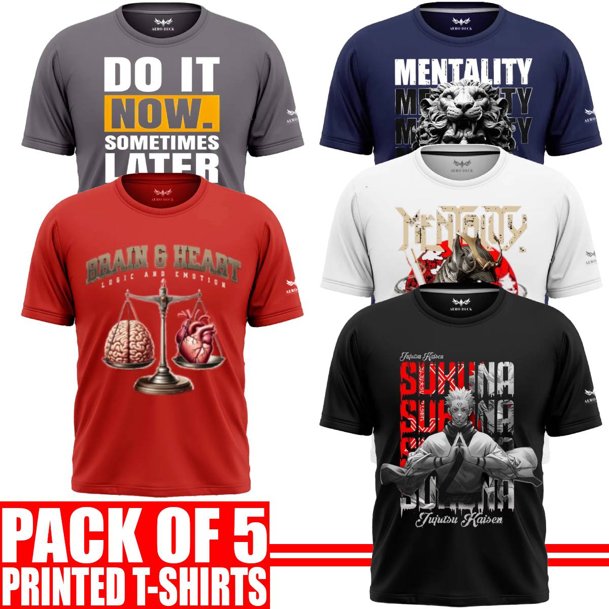 Pack of 5 Aero Deck {Cotton Jersey} {Black, Grey, Red, Blue & White Color} {Graphic} T-Shirt - {Code: AD - 105} AERODECK APPARELS