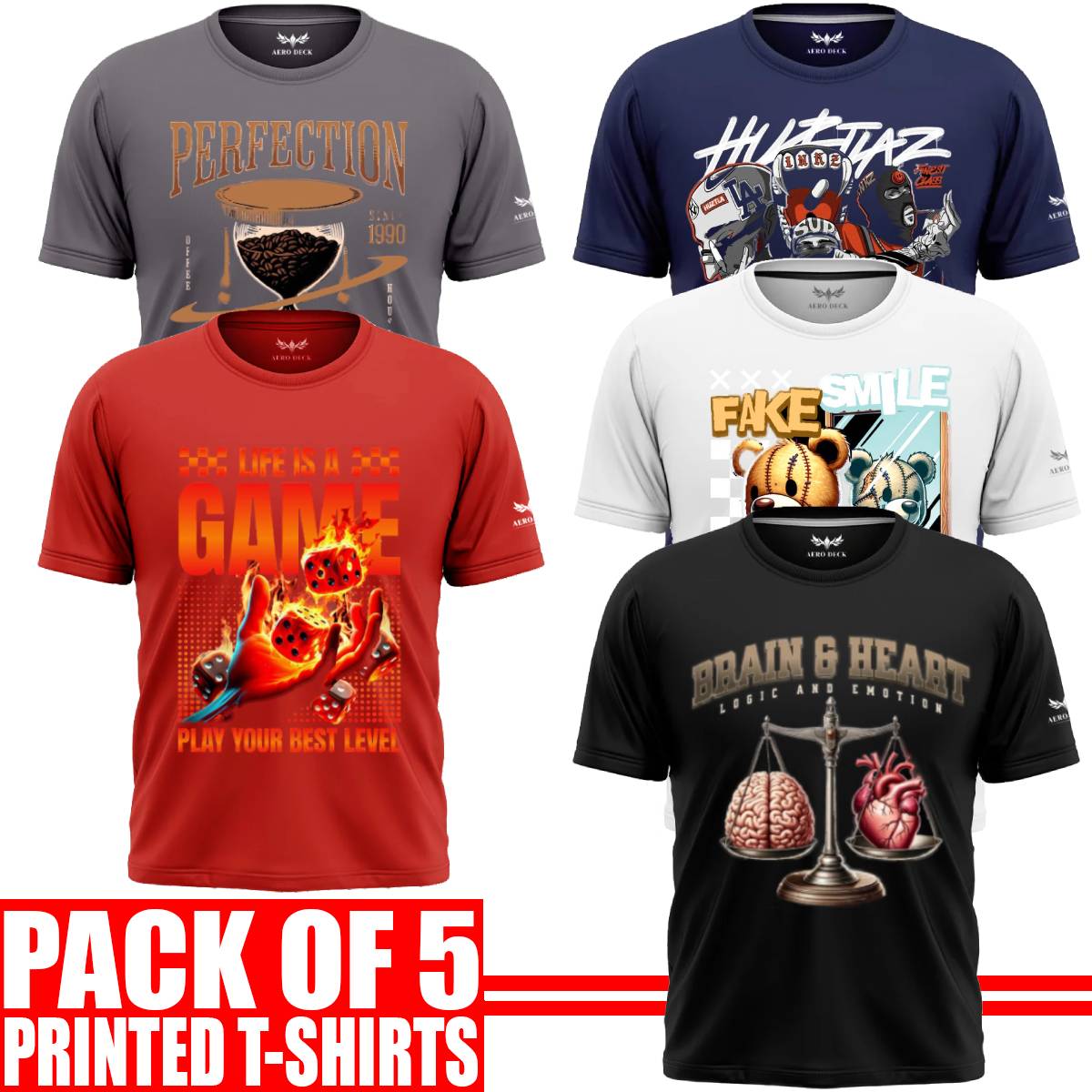 Pack of 5 Aero Deck {Cotton Jersey} {Black, Grey, Red, Blue & White Color} {Graphic} T-Shirt - {Code: AD - 150} AERODECK APPARELS