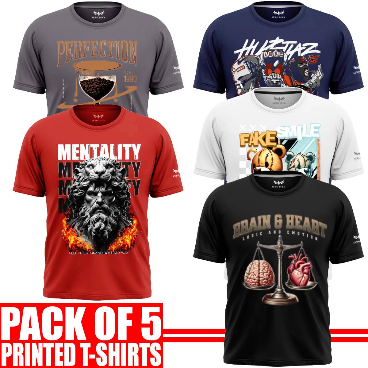 Pack of 5 Aero Deck {Cotton Jersey} {Black, Grey, Red, Blue & White Color} {Graphic} T-Shirt - {Code: AD - 151} AERODECK APPARELS