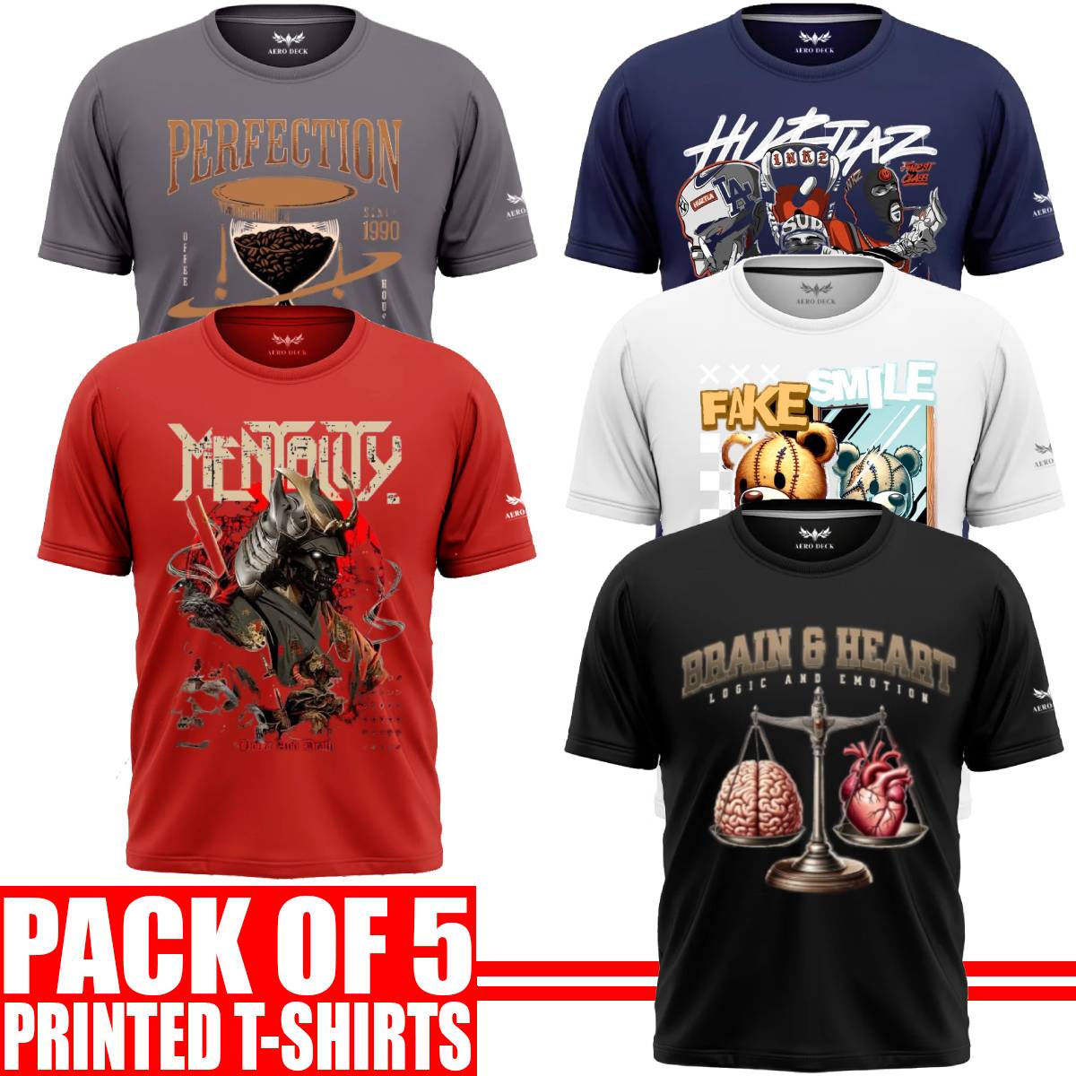 Pack of 5 Aero Deck {Cotton Jersey} {Black, Grey, Red, Blue & White Color} {Graphic} T-Shirt - {Code: AD - 153} AERODECK APPARELS