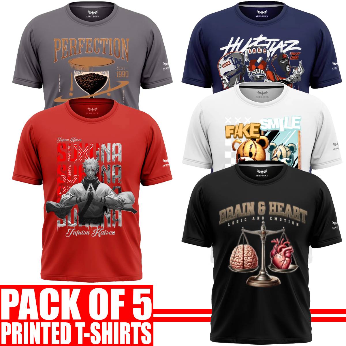 Pack of 5 Aero Deck {Cotton Jersey} {Black, Grey, Red, Blue & White Color} {Graphic} T-Shirt - {Code: AD - 153} AERODECK APPARELS