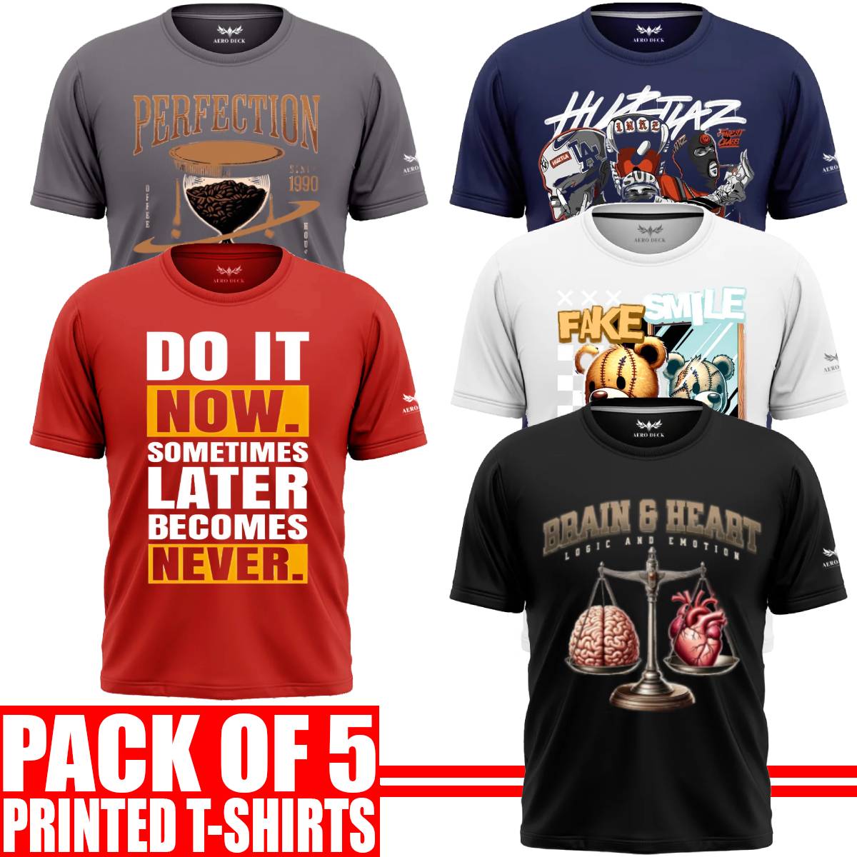 Pack of 5 Aero Deck Cotton Jersey Black, Grey, Red, Blue & White Color Graphic T-Shirt - (Code: AD - 154) AERODECK APPARELS