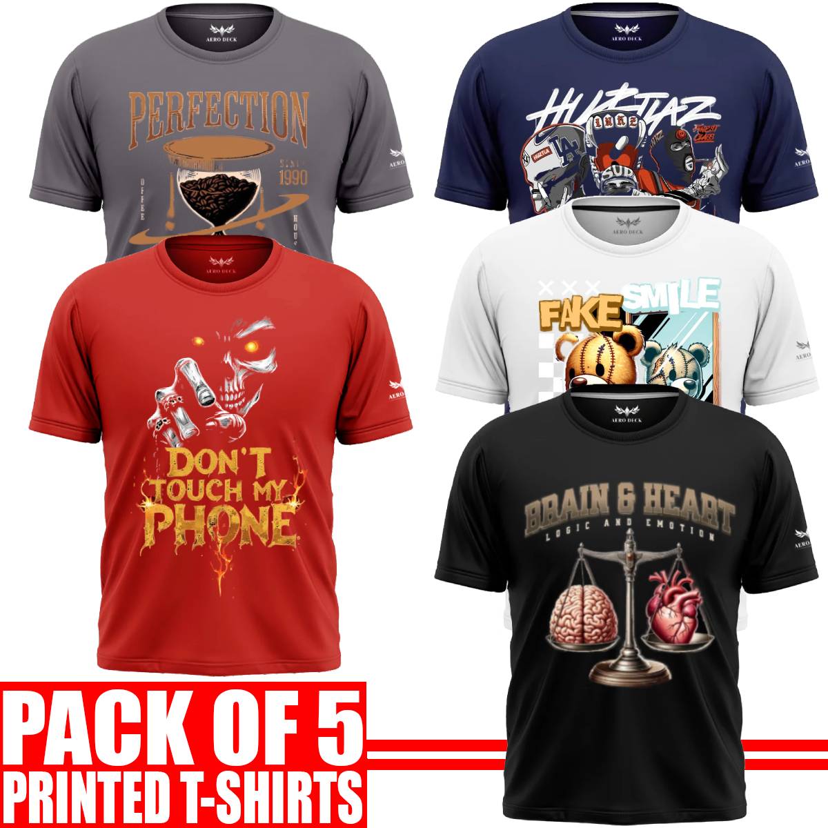 Pack of 5 Aero Deck {Cotton Jersey} {Black, Grey, Red, Blue & White Color} {Graphic} T-Shirt - {Code: AD - 155} AERODECK APPARELS