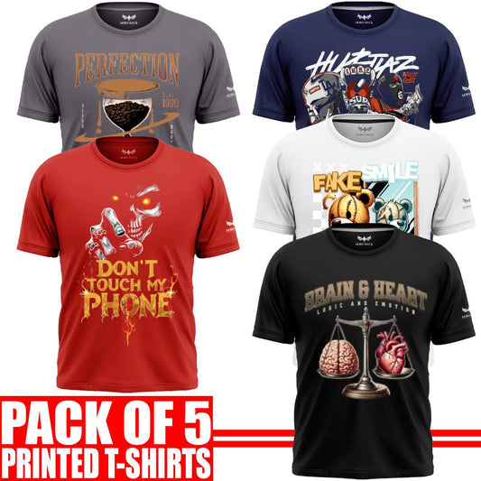 Pack of 5 Aero Deck Cotton Jersey Black, Grey, Red, Blue & White Color Graphic T-Shirt - (Code: AD - 155)