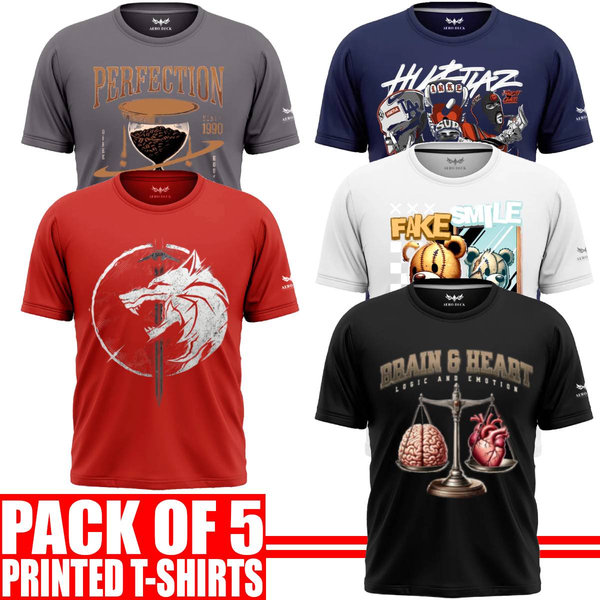 Pack of 5 Aero Deck {Cotton Jersey} {Black, Grey, Red, Blue & White Color} {Graphic} T-Shirt - {Code: AD - 156} AERODECK APPARELS