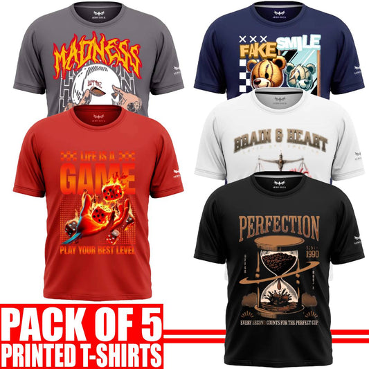 Pack of 5 Aero Deck Cotton Jersey Black, Grey, Red, Blue & White Color Graphic T-Shirt - (Code: AD - 157)