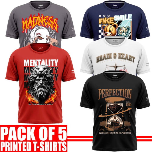 Pack of 5 Aero Deck Cotton Jersey Black, Grey, Red, Blue & White Color Graphic T-Shirt - (Code: AD - 158)