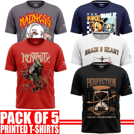 Pack of 5 Aero Deck Cotton Jersey Black, Grey, Red, Blue & White Color Graphic T-Shirt - (Code: AD - 159)
