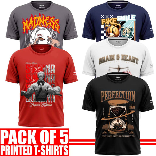 Pack of 5 Aero Deck Cotton Jersey Black, Grey, Red, Blue & White Color Graphic T-Shirt - (Code: AD - 160)