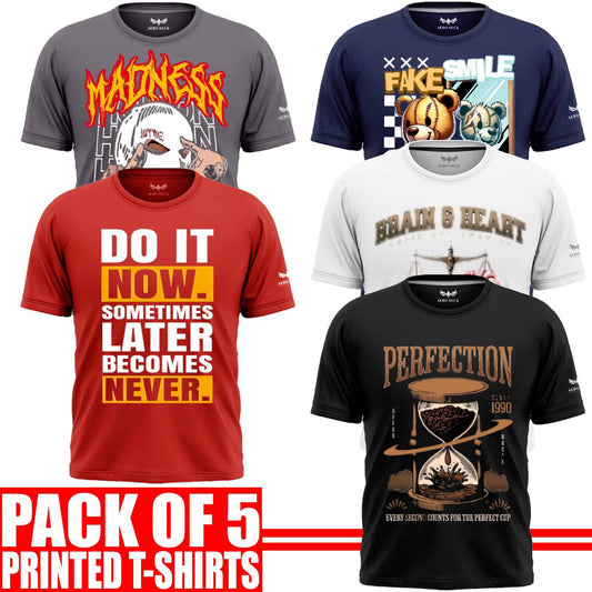 Pack of 5 Aero Deck Cotton Jersey Black, Grey, Red, Blue & White Color Graphic T-Shirt - (Code: AD - 161)