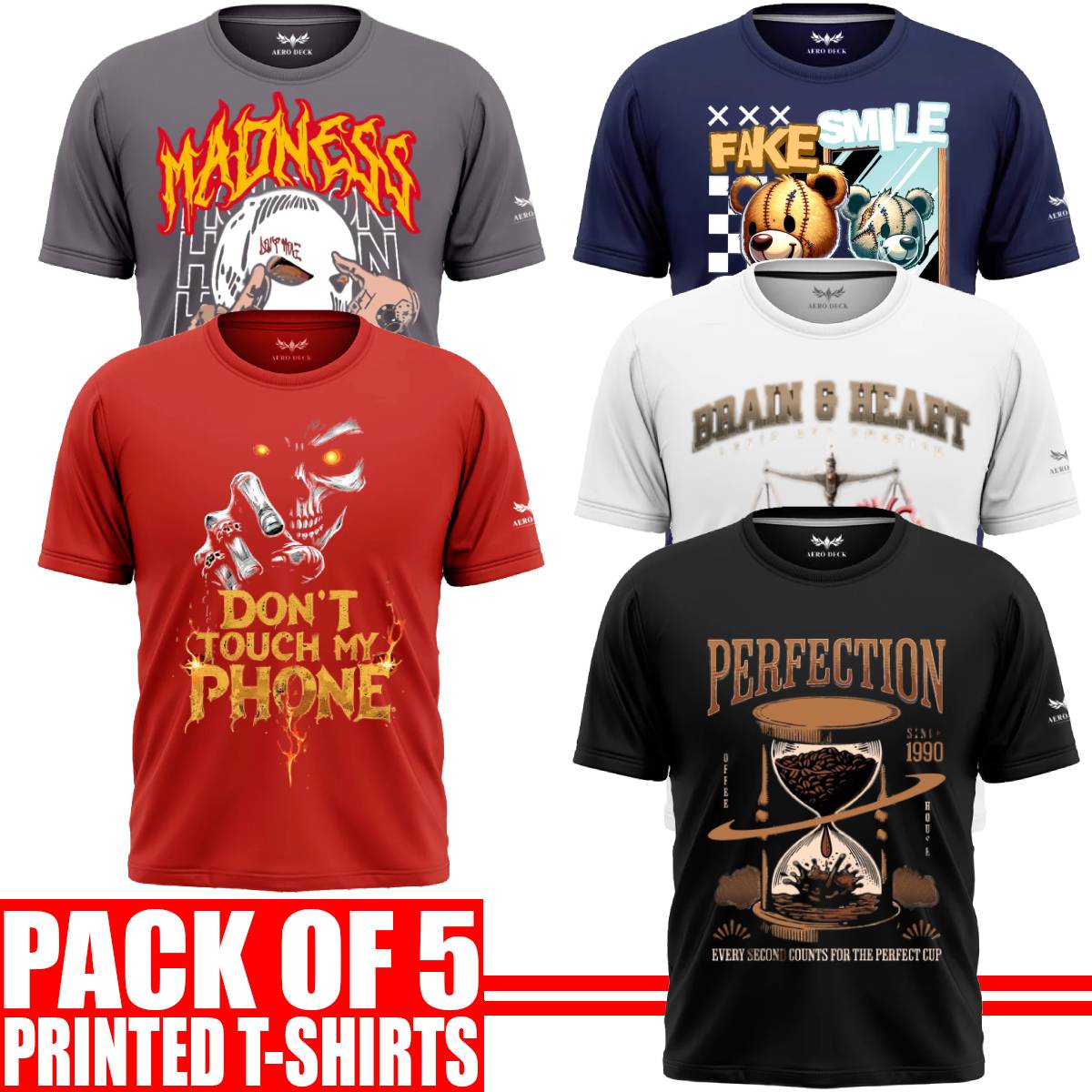 Pack of 5 Aero Deck Cotton Jersey Black, Grey, Red, Blue & White Color Graphic T-Shirt - (Code: AD - 162) AERODECK APPARELS