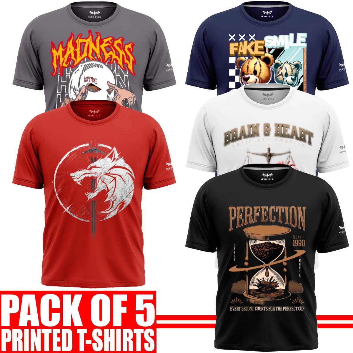 Pack of 5 Aero Deck {Cotton Jersey} {Black, Grey, Red, Blue & White Color} {Graphic} T-Shirt - {Code: AD - 163} AERODECK APPARELS