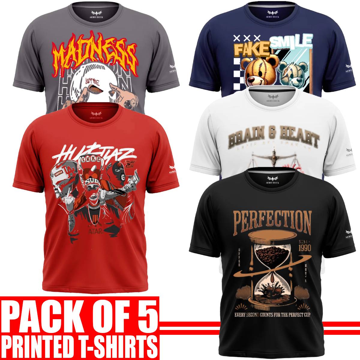 Pack of 5 Aero Deck {Cotton Jersey} {Black, Grey, Red, Blue & White Color} {Graphic} T-Shirt - {Code: AD - 164} AERODECK APPARELS