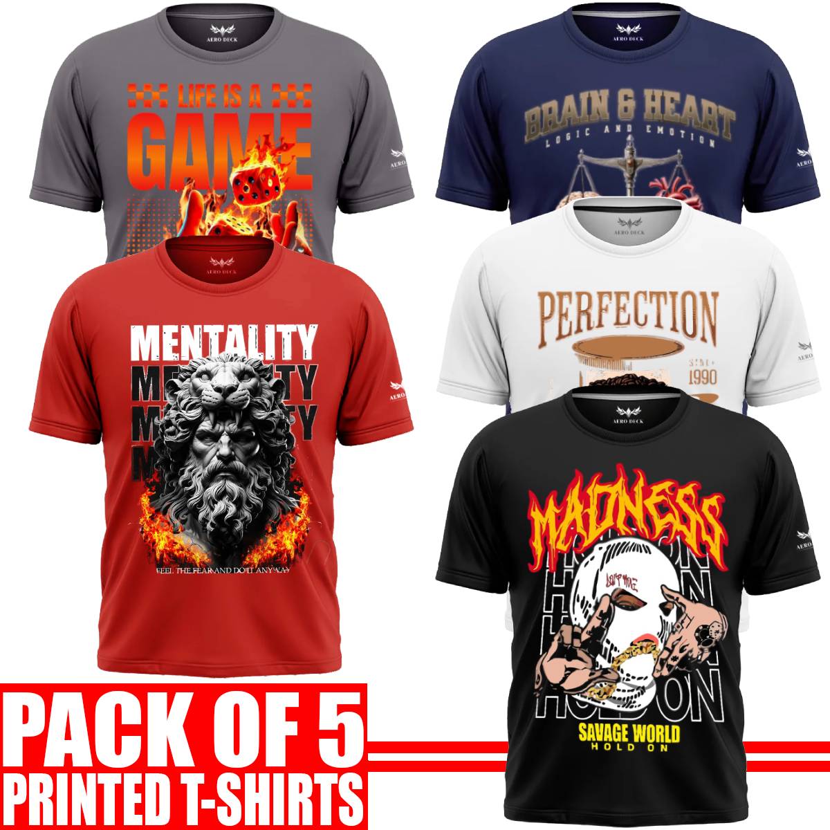 Pack of 5 Aero Deck {Cotton Jersey} {Black, Grey, Red, Blue & White Color} {Graphic} T-Shirt - {Code: AD - 166} AERODECK APPARELS