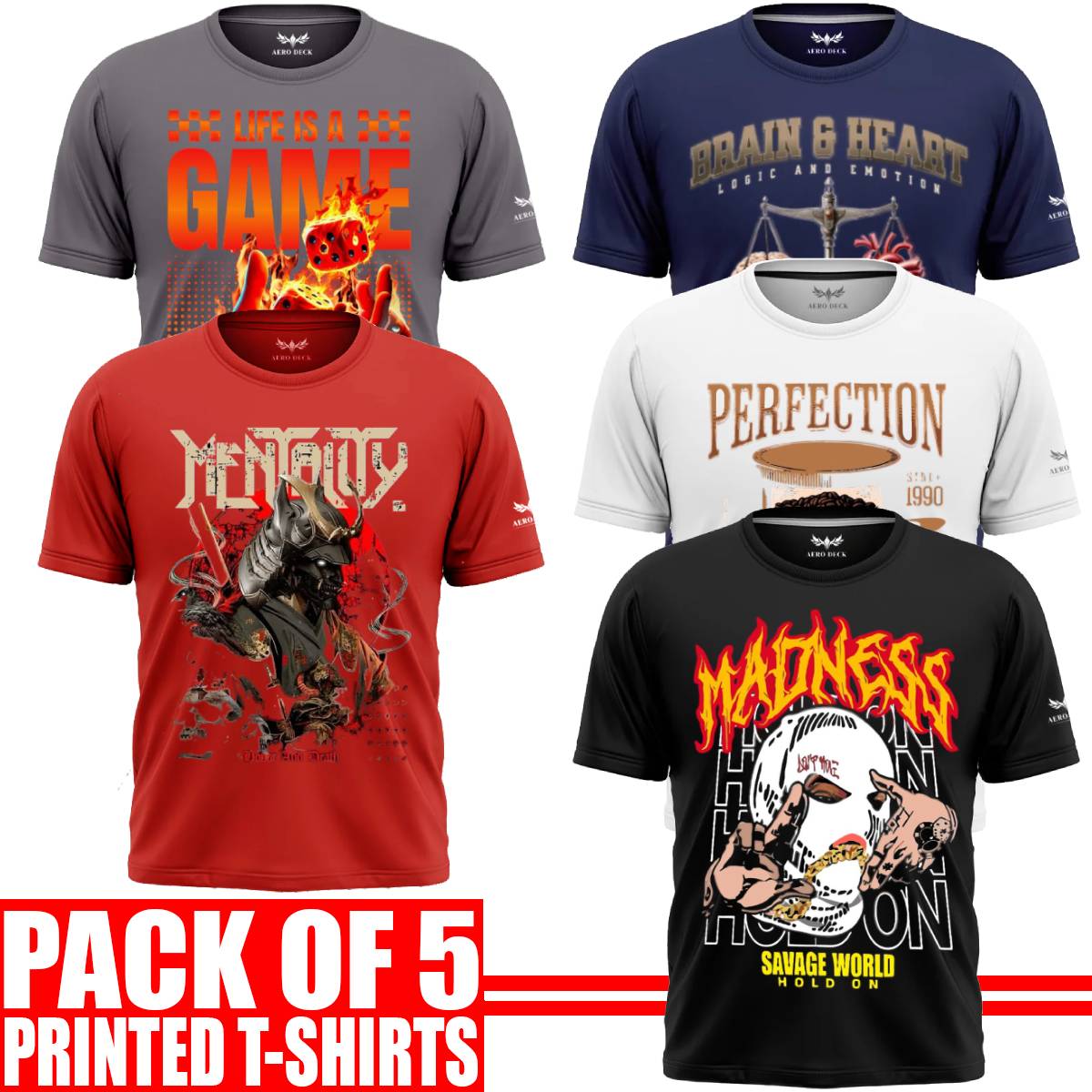 Pack of 5 Aero Deck {Cotton Jersey} {Black, Grey, Red, Blue & White Color} {Graphic} T-Shirt - {Code: AD - 166} AERODECK APPARELS