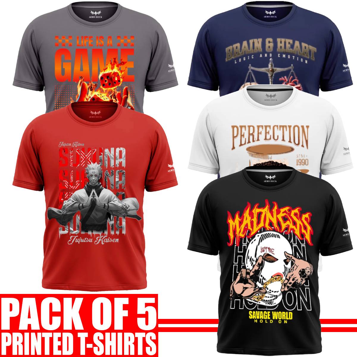 Pack of 5 Aero Deck {Cotton Jersey} {Black, Grey, Red, Blue & White Color} {Graphic} T-Shirt - {Code: AD - 168} AERODECK APPARELS
