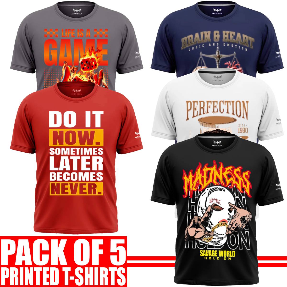 Pack of 5 Aero Deck {Cotton Jersey} {Black, Grey, Red, Blue & White Color} {Graphic} T-Shirt - {Code: AD - 168} AERODECK APPARELS