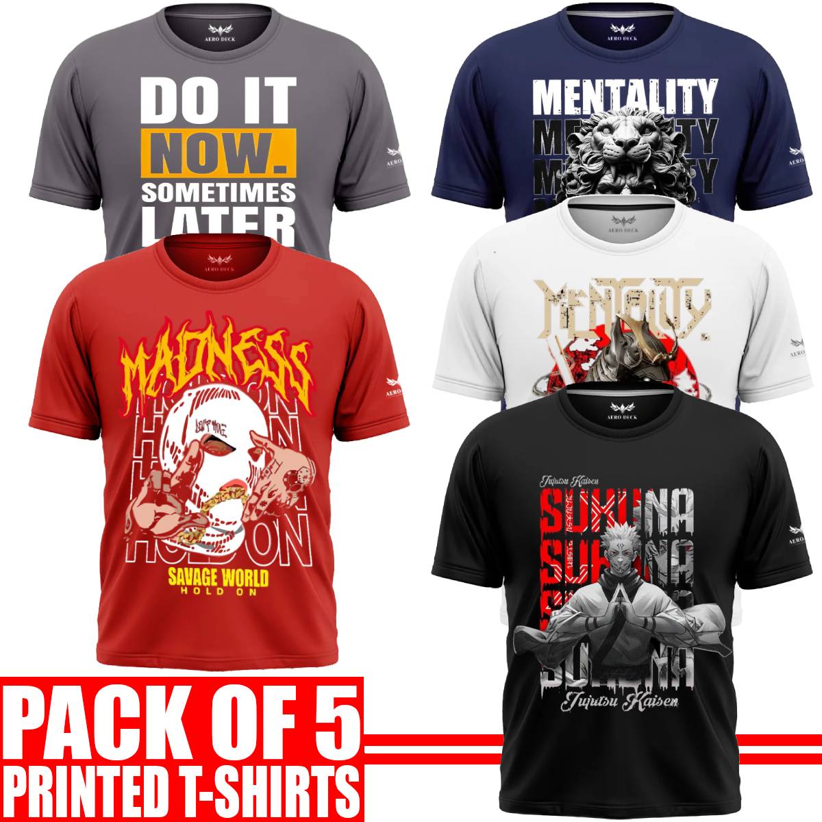 Pack of 5 Aero Deck {Cotton Jersey} {Black, Grey, Red, Blue & White Color} {Graphic} T-Shirt - {Code: AD - 107} AERODECK APPARELS
