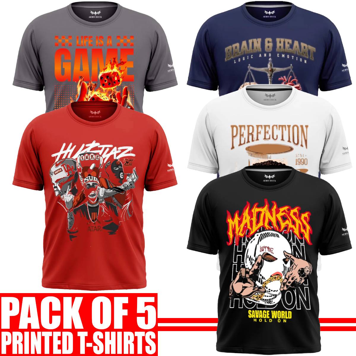 Pack of 5 Aero Deck {Cotton Jersey} {Black, Grey, Red, Blue & White Color} {Graphic} T-Shirt - {Code: AD - 171} AERODECK APPARELS