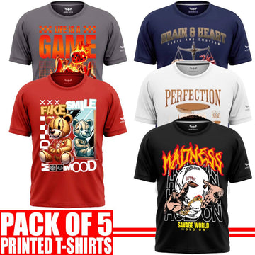 Pack of 5 Aero Deck {Cotton Jersey} {Black, Grey, Red, Blue & White Color} {Graphic} T-Shirt - {Code: AD - 173} AERODECK APPARELS