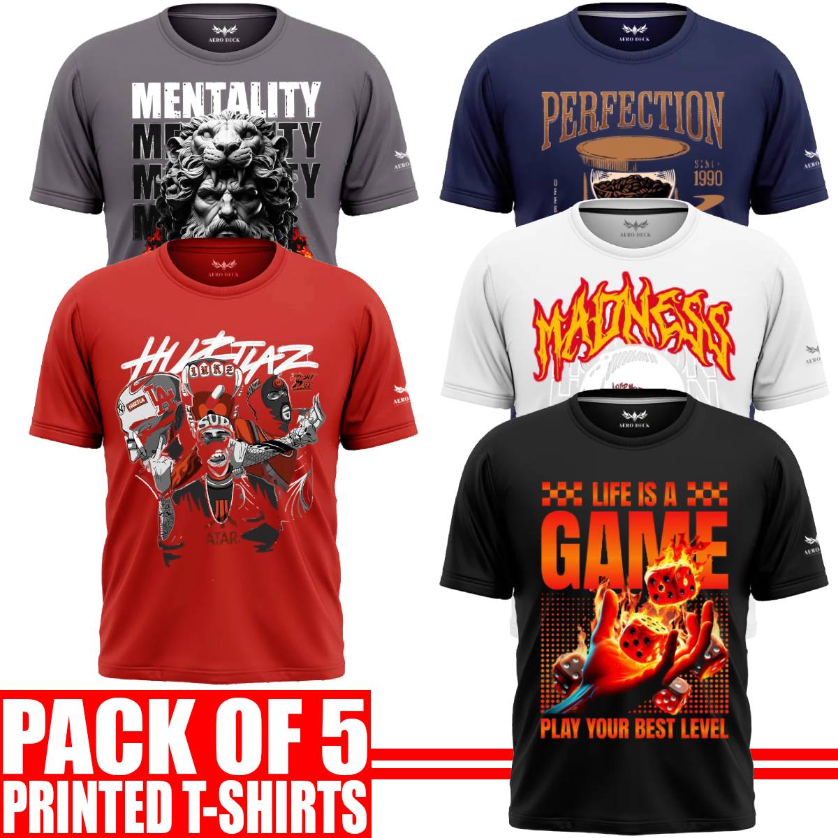 Pack of 5 Aero Deck {Cotton Jersey} {Black, Grey, Red, Blue & White Color} {Graphic} T-Shirt - {Code: AD - 179} AERODECK APPARELS
