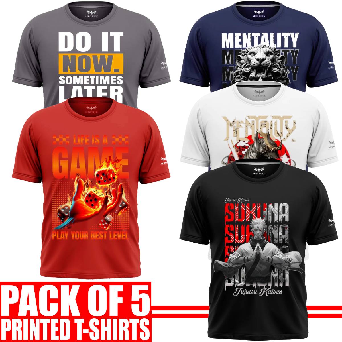 Pack of 5 Aero Deck {Cotton Jersey} {Black, Grey, Red, Blue & White Color} {Graphic} T-Shirt - {Code: AD - 108} (Copy) AERODECK APPARELS