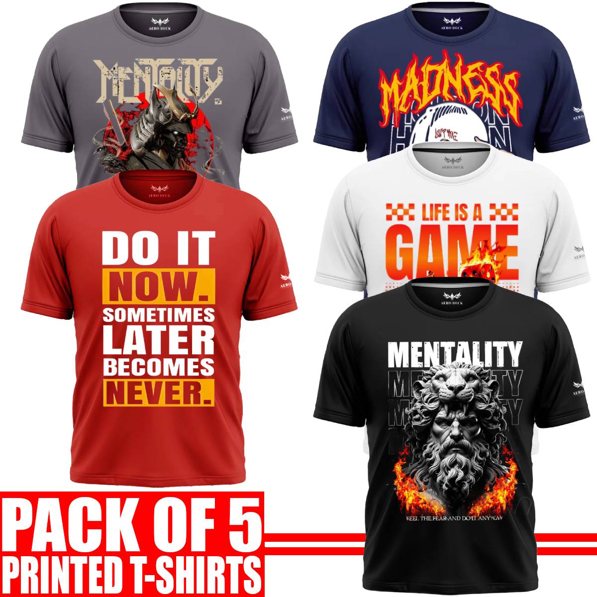 Pack of 5 Aero Deck {Cotton Jersey} {Black, Grey, Red, Blue & White Color} {Graphic} T-Shirt - {Code: AD - 182} AERODECK APPARELS