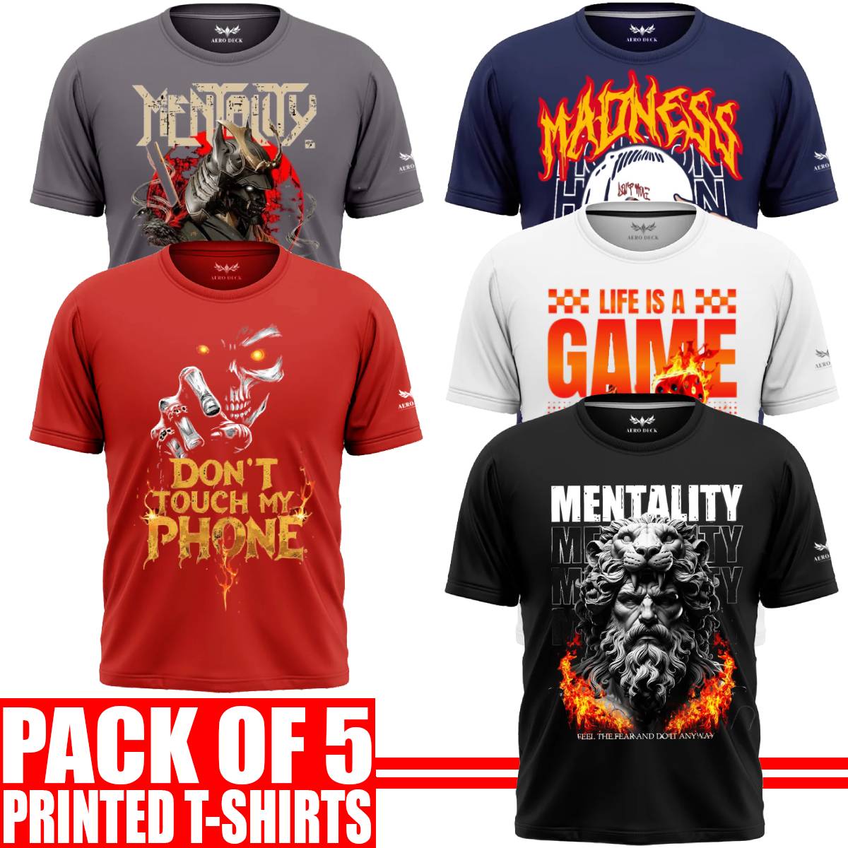Pack of 5 Aero Deck {Cotton Jersey} {Black, Grey, Red, Blue & White Color} {Graphic} T-Shirt - {Code: AD - 184} AERODECK APPARELS