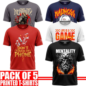 Pack of 5 Aero Deck {Cotton Jersey} {Black, Grey, Red, Blue & White Color} {Graphic} T-Shirt - {Code: AD - 184} AERODECK APPARELS