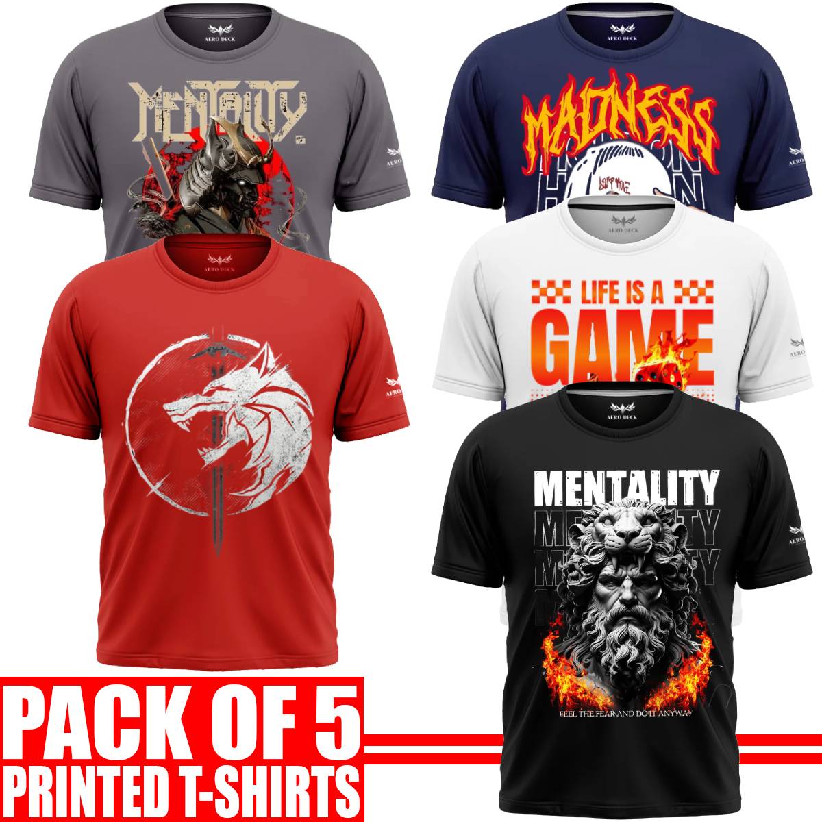 Pack of 5 Aero Deck {Cotton Jersey} {Black, Grey, Red, Blue & White Color} {Graphic} T-Shirt - {Code: AD - 184} AERODECK APPARELS